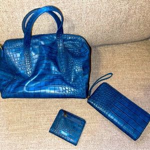 Fossil Satchel Blue Crocodile Bag Like New w Matching Wallet and Coin Purse